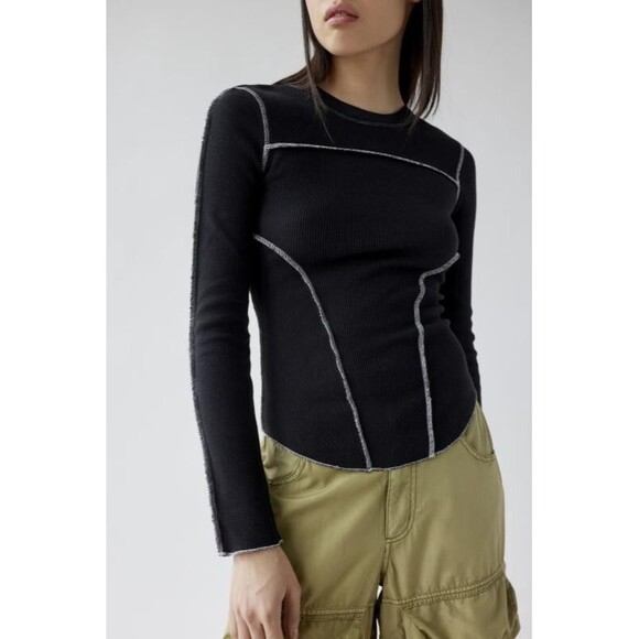 BDG Urban Outfitters Emme Thermal Seamed Blouse Top Black Long Sleeve S 269350 - Picture 1 of 8
